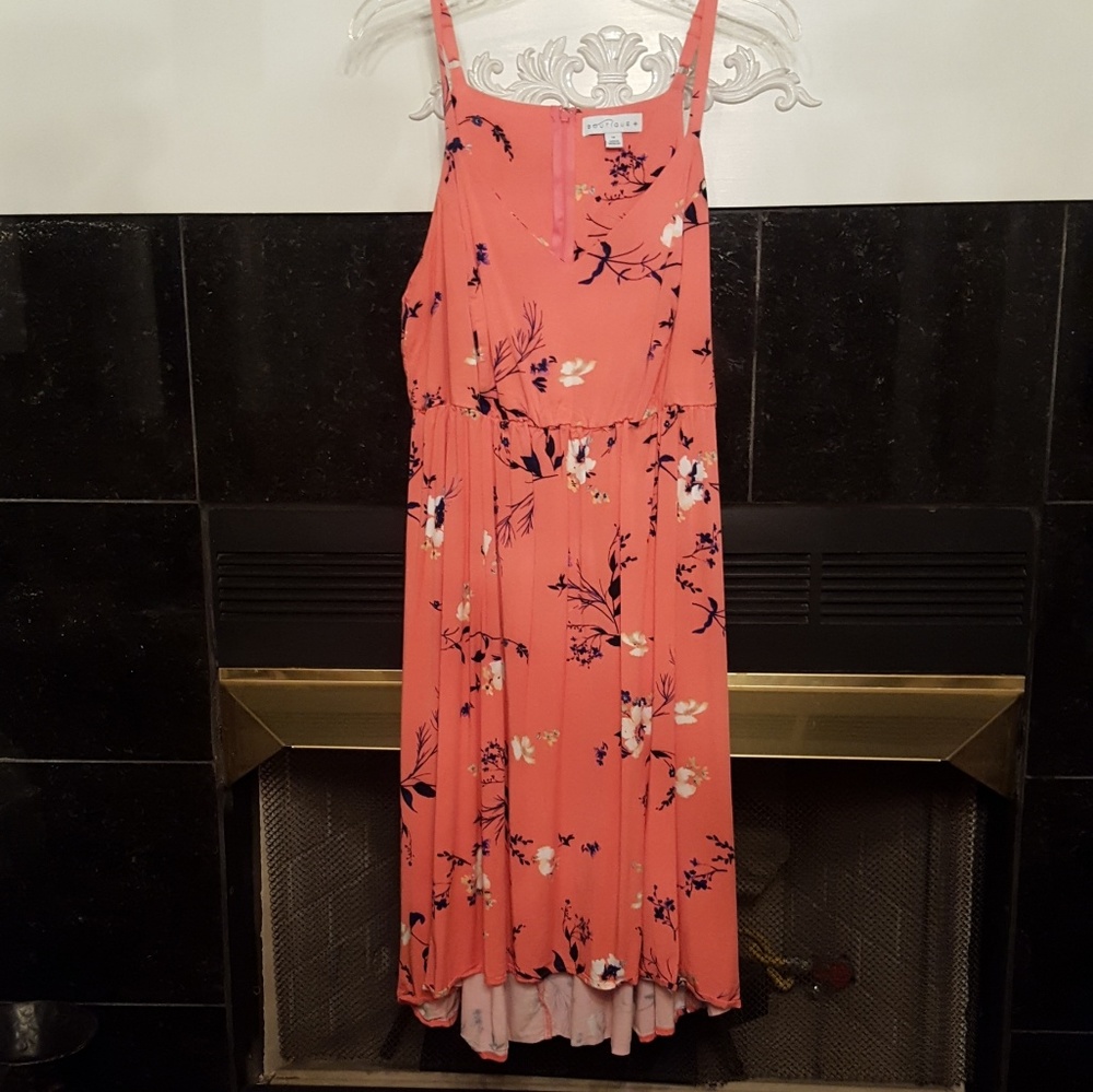 Boutique Coral with Floral Print High-Lo Dress